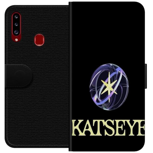 Kompatibel Tegnebogsetui til Samsung Galaxy A20s KATSEYE-logo med gul stjerne, lilla omløbsringe og lys typografi mod sort baggrund sort