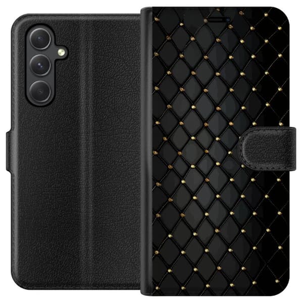 Kompatibel Tegnebogsetui til Samsung Galaxy A05s Sort geometrisk ternet mønster med guldfarvede linjer og dekorative detaljer sort