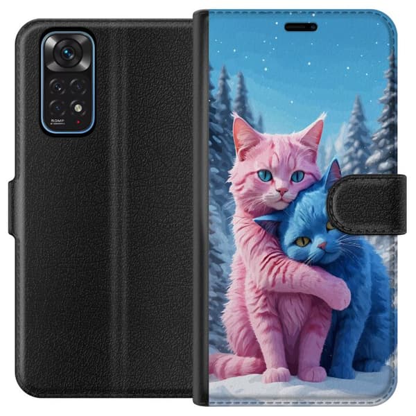 Kompatibel Tegnebogsetui til Xiaomi Redmi Note 11 Søde lyserøde og blå katte, der krammer i sneklædt vinterlandskab blå