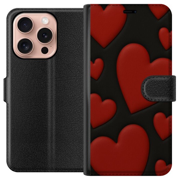 Apple iPhone 16 Pro Lompakkokotelo Punaiset Samettisydämet