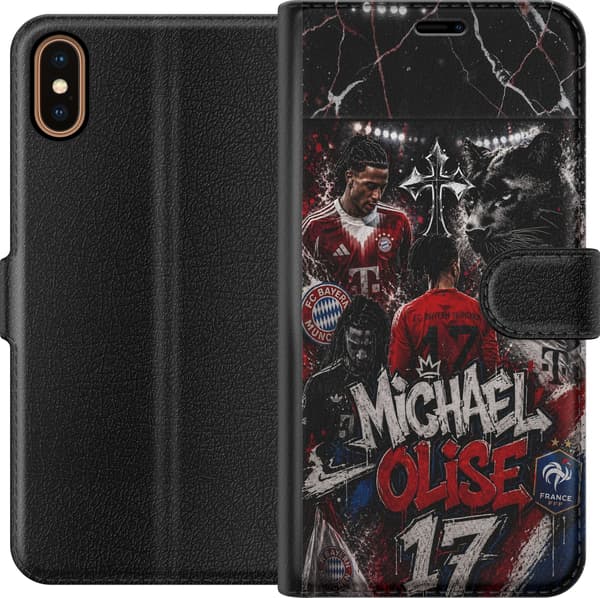 Kompatibel Tegnebogsetui til Apple iPhone XS Michael Olise i en rød-sort collage med sort panter, stjerner og stor navnetekst sort
