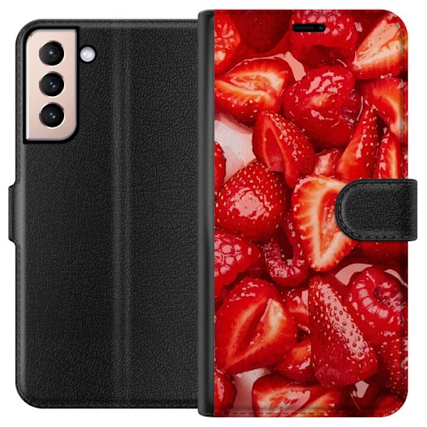 Samsung Galaxy S21 Lompakkokotelo Mansikkakuviointi - makea motiivi kesäfiiliksellä