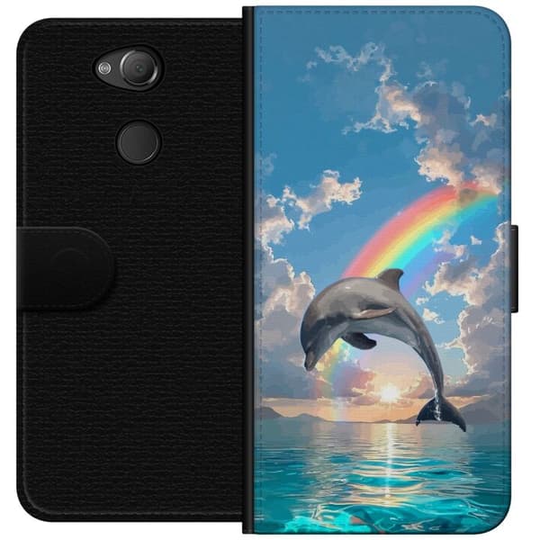 Kompatibelt Plånboksfodral till Sony Xperia XA2 Realistisk delfin framför regnbåge över lugnt hav blå
