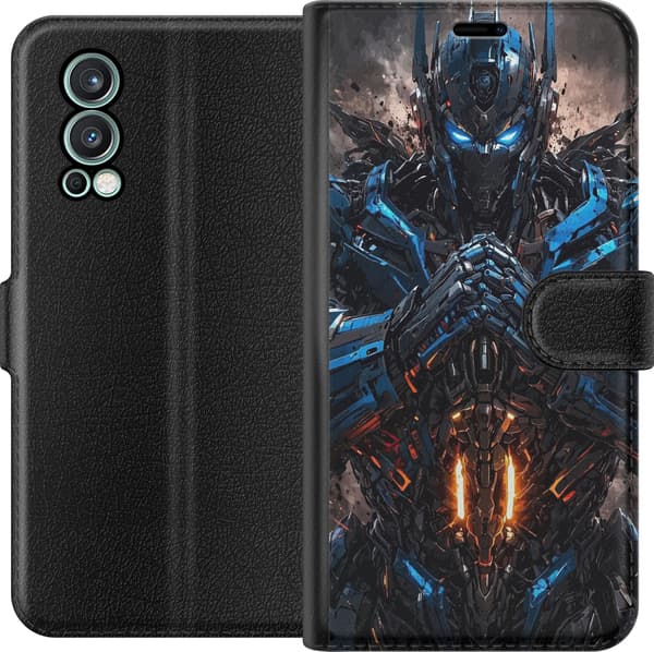 Kompatibel Tegnebogsetui til OnePlus Nord 2 5G Sort robotkriger med blå øjne blå rustningsdetaljer og orange lys sort