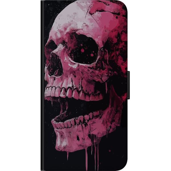 Kompatibel Tegnebogsetui til OnePlus 7 Pro Dramatisk lyserødt kranium med malede detaljer og løbende maling mod sort baggrund pink