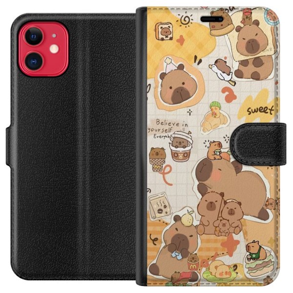 Apple iPhone 11 Tegnebogsetui Kawaii capybara mobilskal med gulliga djurmotiv