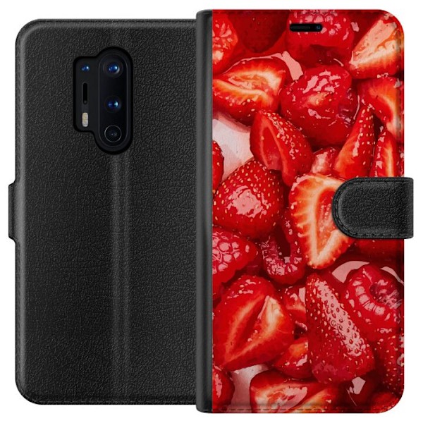 OnePlus 8 Pro Tegnebogsetui Jordbærmønster - sødt motiv med sommerstemning