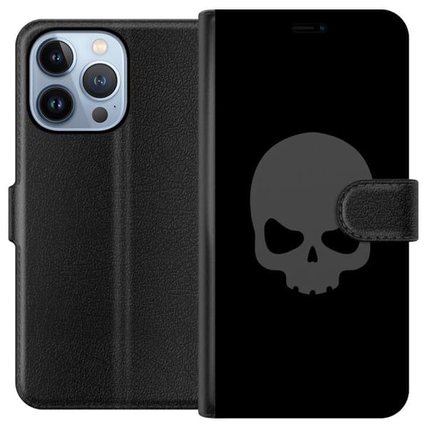 Kompatibel Tegnebogsetui til Apple iPhone 13 Pro Enkel dødningehoved i grå tone mod sort baggrund, elegant og moderne design