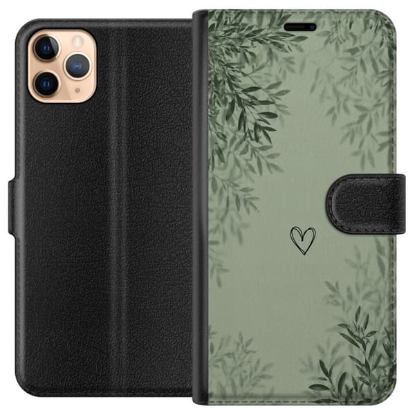 Kompatibel Tegnebogsetui til Apple iPhone 11 Pro Max Minimalistisk grønt motiv med håndtegnet hjerte, bløde bladskygger og rolig botanisk baggrund grøn