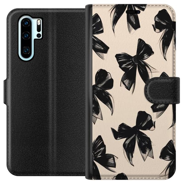 Kompatibel Tegnebogsetui til Huawei P30 Pro Sorte rosetter på beige baggrund i elegant grafisk mønster beige