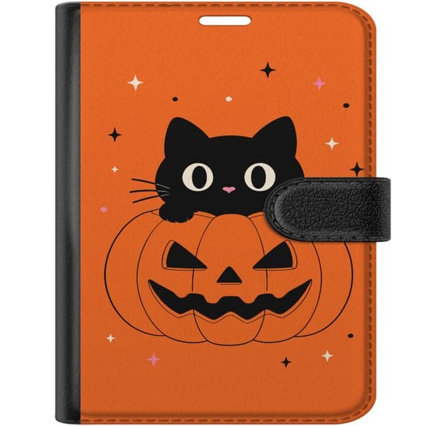 Kompatibel Tegnebogsetui til Apple iPhone Duo Sort kat og halloween-græskar med stjerner på orange baggrund orange