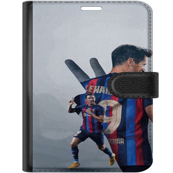 Kompatibel Tegnebogsetui til Apple iPhone Duo Robert Lewandowski med nummer 9 - fodboldcollage i lyseblå og rød blå