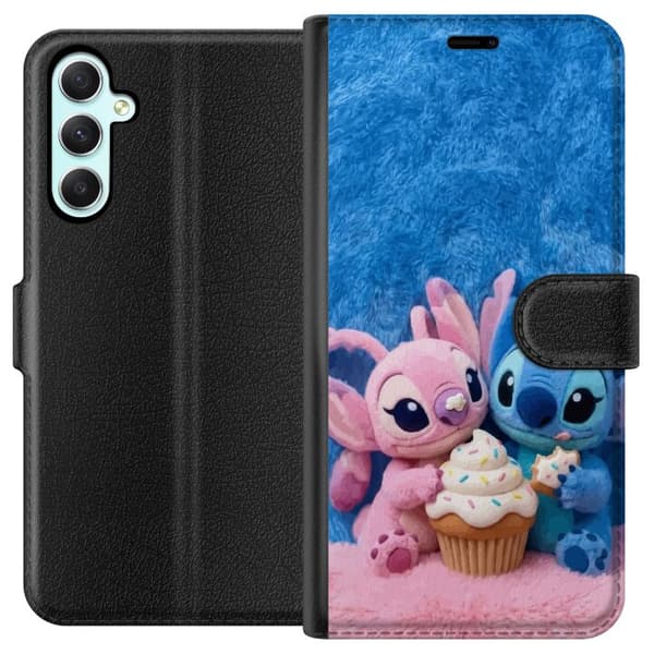 Kompatibel Tegnebogsetui til Samsung Galaxy A34 Søde blå og lyserøde figurer med stor cupcake og krymmel pink