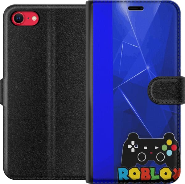 Kompatibel Tegnebogsetui til Apple iPhone 8 Gamingmotiv med sort gamecontroller og farverig spiltekst på abstrakt blå baggrund blå