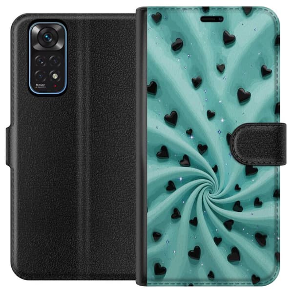Kompatibel Tegnebogsetui til Xiaomi Redmi Note 11 Turkis hvirvelbaggrund med sorte hjerter og glitrende stjerner turkis