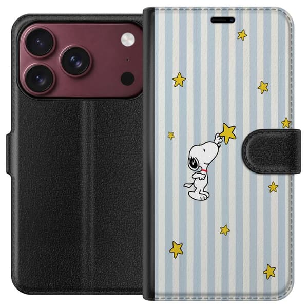 Kompatibelt Plånboksfodral till Apple iPhone 18 Pro Tecknad vit hund som sträcker sig efter gula stjärnor mot blåvit randig bakgrund blå