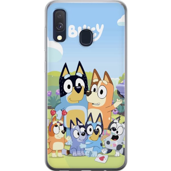 Samsung Galaxy A40 Genomskinligt Skal Bluey mobilskal med hela familjen i färgglad design