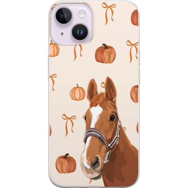 Kompatibelt Mobildeksel til Apple iPhone 15 Plus Illustrert brun hest omgitt av oransje gresskar og dekorative rosetter brun