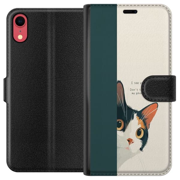 Kompatibelt Plånboksfodral till Apple iPhone XR Katt som kikar fram beige