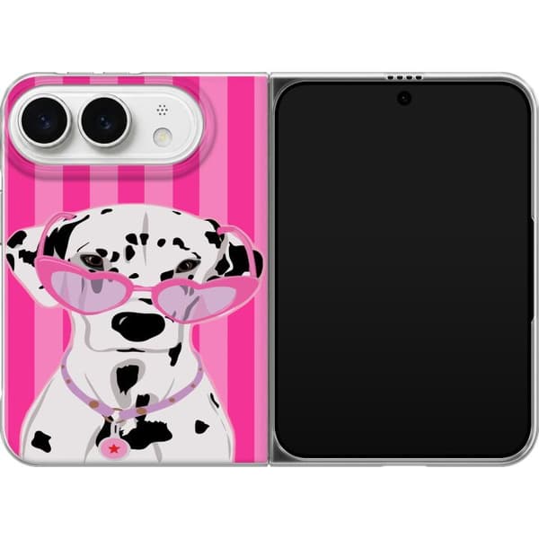 Kompatibel Mobilcover til Apple iPhone Duo Stilfuld dalmatiner med lyserøde hjerteformede solbriller mod en stribet lyserød baggrund pink