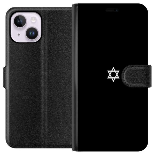 Kompatibel Tegnebogsetui til Apple iPhone 14 Plus Hvid davidsstjerne på sort baggrund, minimalistisk jødisk symbolmotiv sort
