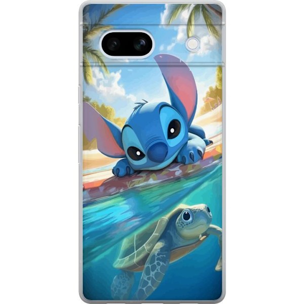 Google Pixel 7a Genomskinligt Skal Stitch med sköldpadda – söt blå alien i tropisk strandmiljö från Disney