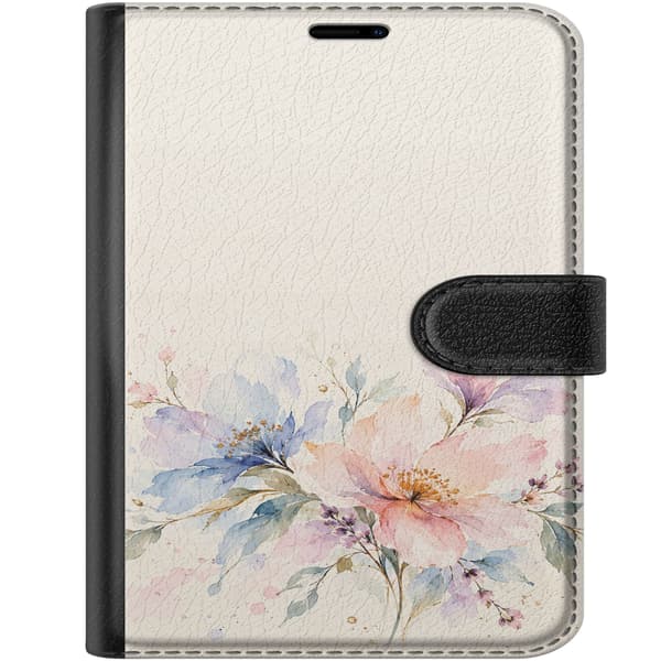 Kompatibel Tegnebogsetui til Apple iPhone Duo Lyserøde akvarelblomster – Store lyserøde og cremefarvede blomster med blågrønne blade og små farvestæn beige