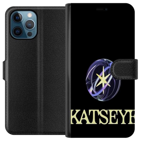 Kompatibel Tegnebogsetui til Apple iPhone 12 Pro KATSEYE-logo med gul stjerne, lilla omløbsringe og lys typografi på sort baggrund sort