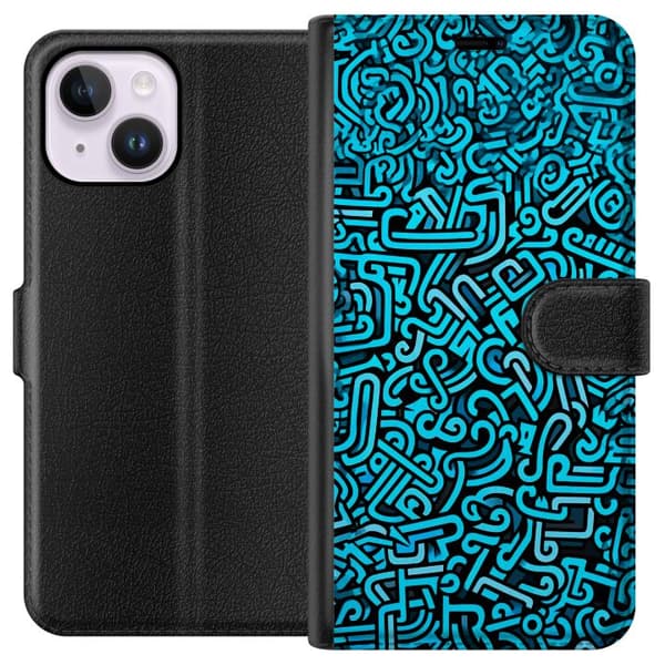 Kompatibelt Plånboksfodral till Apple iPhone 14 Plus Abstrakt blått graffitimönster med moderna grafiska former blå