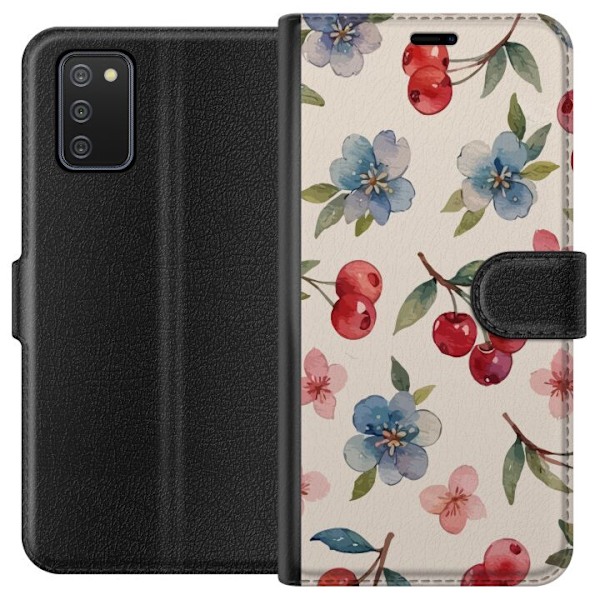 Samsung Galaxy A02s Lompakkokotelo Marjat & Kukat - kuvio, jossa on sinisiä kukkia ja metsänmarjoja