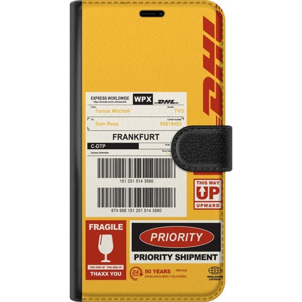 Kompatibel Tegnebogsetui til Apple iPhone 12 mini DHL Express-fragtetiketdesign med stregkoder, Frankfurt-tekst og grafisk motiv med logist tema, per
