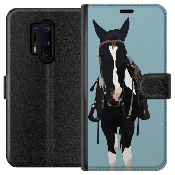 Kompatibel Tegnebogsetui til OnePlus 8 Pro Illustreret sort hest med hvid blis, sadel og trense mod lyseblå baggrund blå
