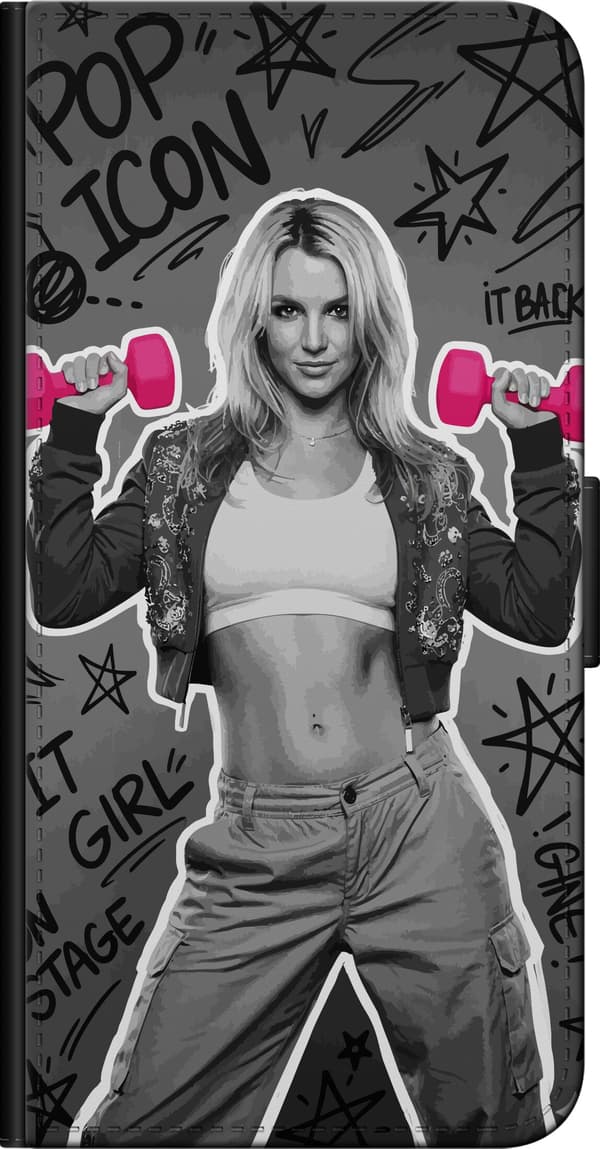 Kompatibel Tegnebogsetui til Huawei P40 lite Blond popartist i sort-hvid med lyserøde håndvægte og graffiti mod grå baggrund grå