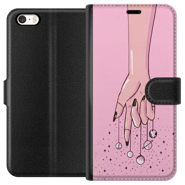 Kompatibel Tegnebogsetui til Apple iPhone SE (2016) Illustreret hånd med hængende planeter mod lyserød baggrund pink