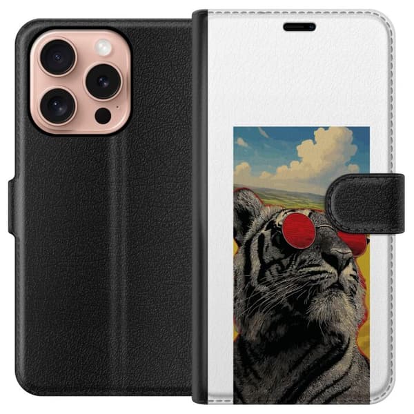 Kompatibel Tegnebogsetui til Apple iPhone 16 Pro Cool tiger med røde solbriller i pop kunststil grå