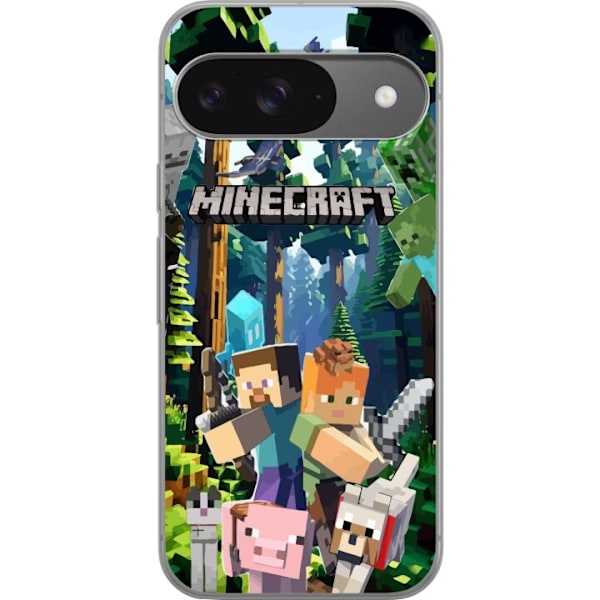 Google Pixel 9 Läpinäkyvä kuori Minecraft-matkapuhelinkotelo metsällä ja pikselityylisillä hahmoilla