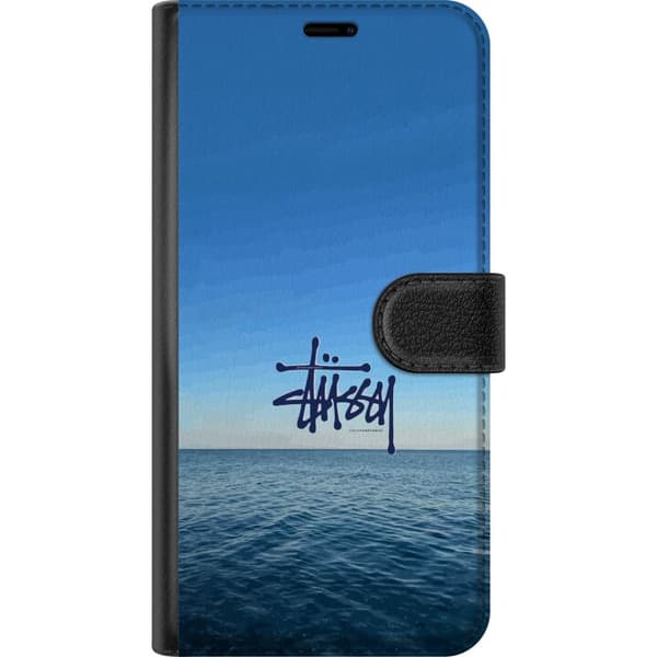 Kompatibelt Lommeboketui til Google Pixel 11 Havspanorama med blå himmel og stilig surf-inspirert logo blå