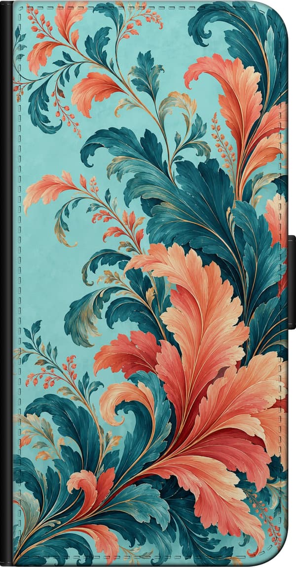 Kompatibelt Lommeboketui til Xiaomi Redmi Note 9 Pro Korallornament turkis