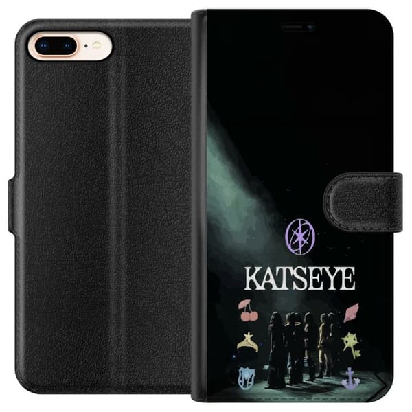 Kompatibel Tegnebogsetui til Apple iPhone 8 Plus Katseye-koncertcollage med gruppebillede, symboler og mørk baggrund, popinspireret motiv sort