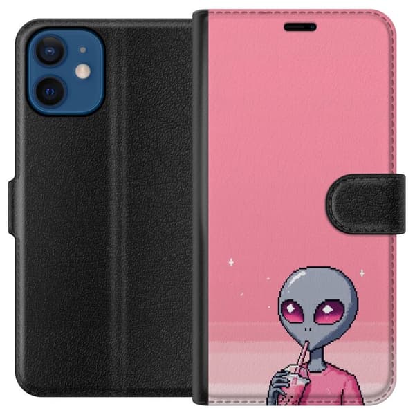 Kompatibelt Plånboksfodral till Apple iPhone 12 Pixelalien med rosa dryck rosa
