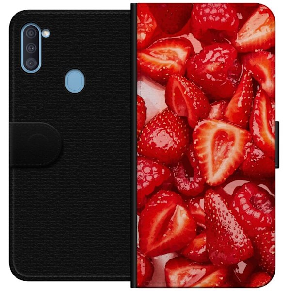 Samsung Galaxy A11 Plånboksfodral Jordgubbsmönster – sött motiv med sommarkänsla