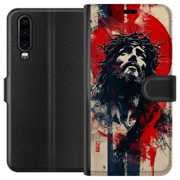 Huawei P30 Lompakkokotelo Jeesus ristillä - kristillinen aihe vahvalla symboliikalla uskosta ja toivosta