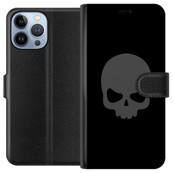Kompatibel Tegnebogsetui til Apple iPhone 13 Pro Max Enkel dødningehoved i grå tone mod sort baggrund, elegant og moderne design