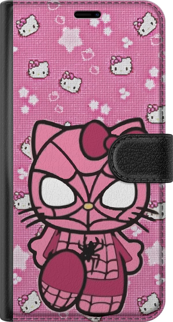 Kompatibel Tegnebogsetui til Apple iPhone 11 Pro Max Tegnet lyserød kat i edderkoppekostume med sløjfe foran lyserød baggrund med stjerner pink