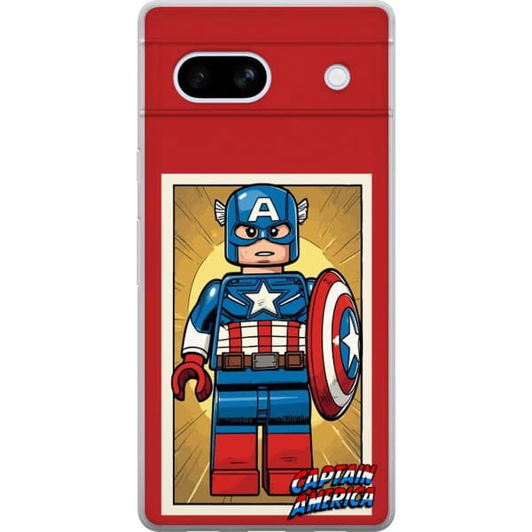 Kompatibelt Mobildeksel til Google Pixel 7a Blockfigur med blå hjelm design og klassisk helteskjold i retro-stil blå