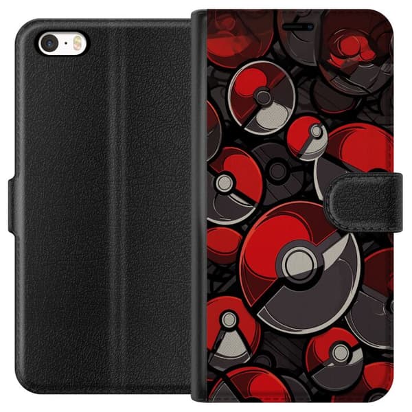 Kompatibel Tegnebogsetui til Apple iPhone 5s Sømløst mønster med røde og sorte Pokébolde rød