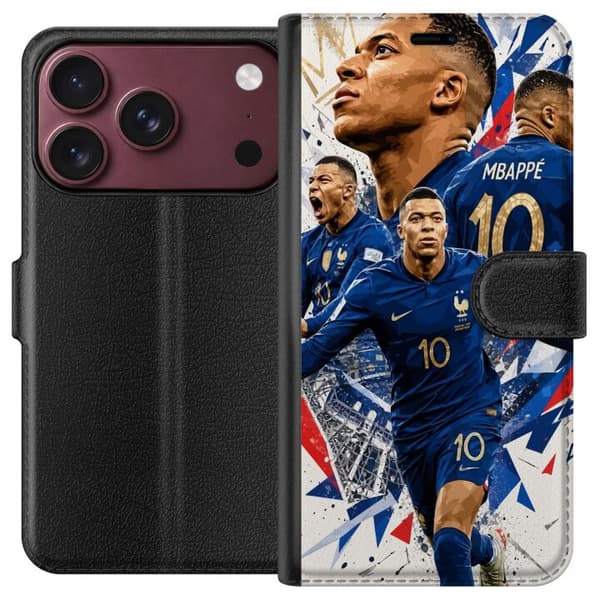 Kompatibel Tegnebogsetui til Apple iPhone 18 Pro Max Kylian Mbappé i dynamisk fodboldcollage med blå, hvide og røde detaljer blå
