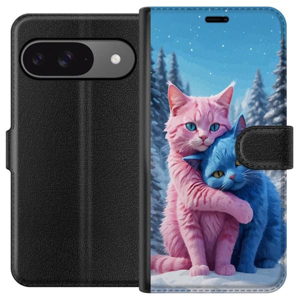 Kompatibel Tegnebogsetui til Google Pixel 9 Søde lyserøde og blå katte, der krammer i sneklædt vinterlandskab blå