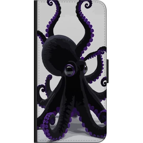 Kompatibel Tegnebogsetui til Huawei P40 lite E Sort blæksprutte med lilla detaljer i et elegant havtema mod en lys baggrund sort