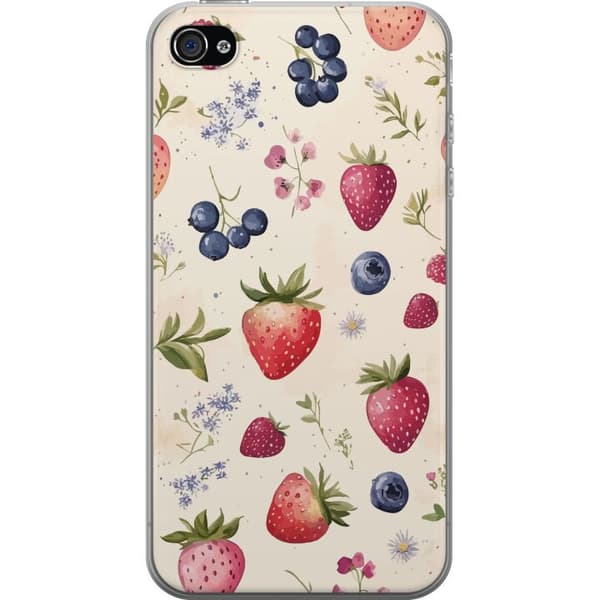 Kompatibel Mobilcover til Apple iPhone 4s Jordbær, blåbær og blomster - bæremønster på beige baggrund beige